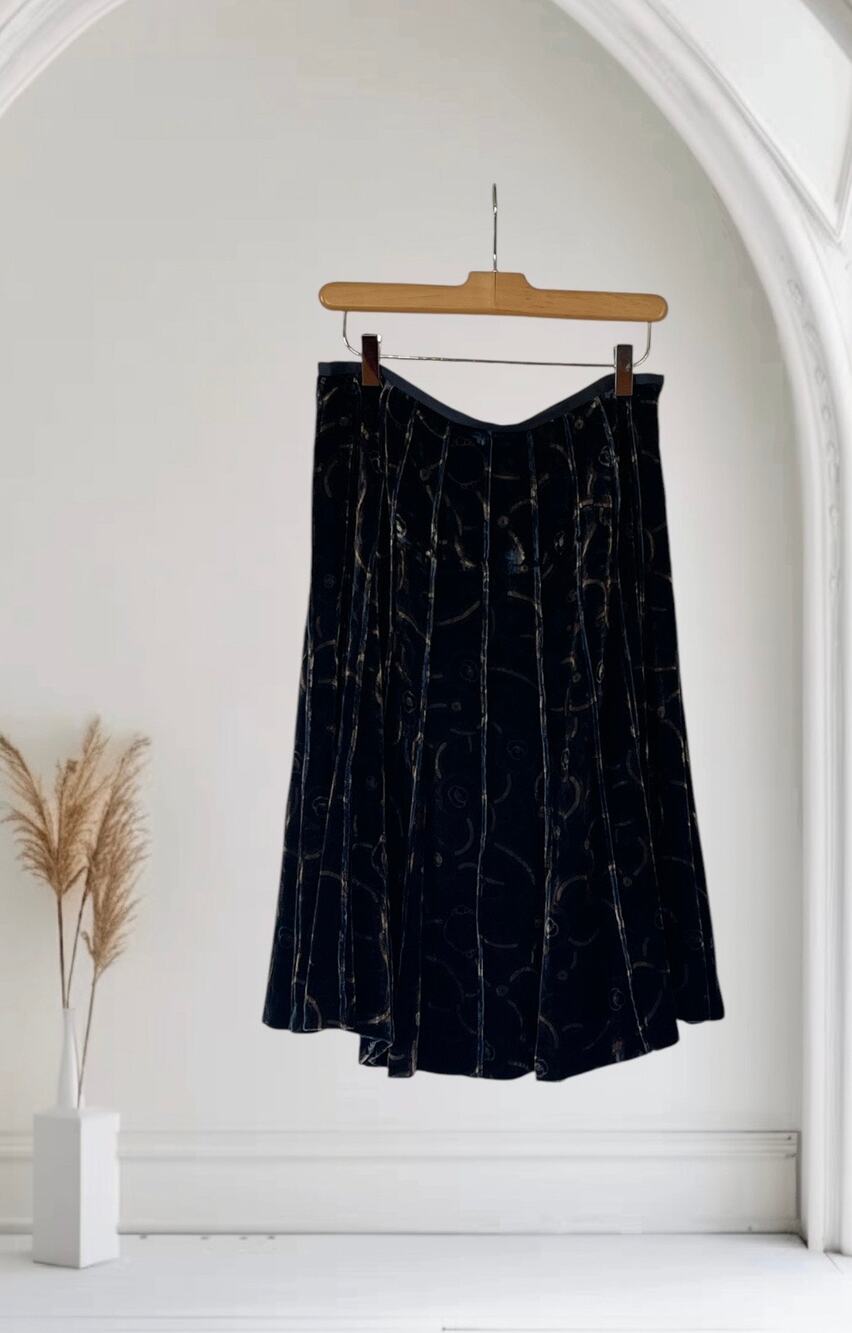 Anne Klein Women's Velvet Pleated Skirt Size 4 Blue Brown Abstract Print